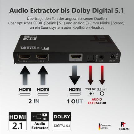 FeinTech SW212 HDMI 2.1 lüliti 2 sisendit 1 väljundit koos HDMI heli ekstraktoriga 4K 120Hz ja automaatse lülitusega, 8K 60Hz, VRR, ALLM, heli jagaja optiliseks SPDIF Toslinkiks ja 3,5 mm pesaks