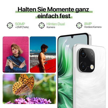 UMIDIGI G9C NFC nutitelefon ilma lepinguta Android 14-12(6+6) GB+128GB 50MP kaameraga mobiiltelefon 6,75-tolline 90Hz ekraan, 5000mAh, 2,2GHz protsessor, 4G kahe SIM-kaardiga, kaasas laadija, Bluetooth 5.4/Face ID/GPS-valge