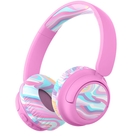 iClever Bluetooth headphones for kids, 60-hour battery life, 74/85 dBA volume limit, stereo sound, Type-C, Bluetooth 5.4, wireless over-ear children's headphones, pink stripes