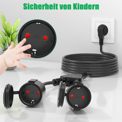 5M outdoor extension cable with 2 Schuko sockets, outdoor extension cable IP44, double extension for outdoor use with protective contact 2-way sockets, 16A/250V, black
