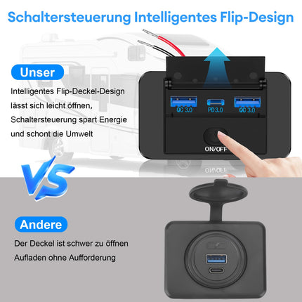 Daakro 72W USB laadimispesa 12V autolaadija kahekordse QC3.0 USB ja PD3.0 C-tüüpi mobiiltelefoni kiirlaadija veekindel lülitiga 12V/24V haagissuvilatele, autodele, mootorratastele, veoautodele