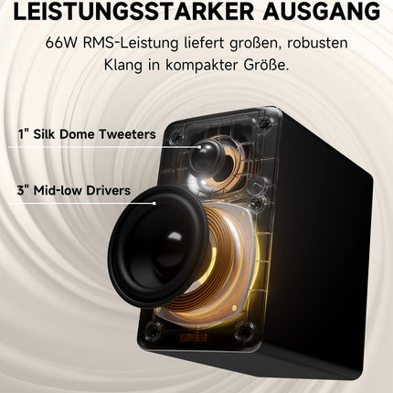 Edifier M60 multimeediakõlar Bluetooth 5.3, 66W RMS, kõrglahutusega heli ja kõrglahutusega juhtmevaba heli, LDAC, 3" kesksagedus-bass ja 1" kõrgsageduskõlar, USB-C ja Aux sisendid, kompaktne lauakõlar - must