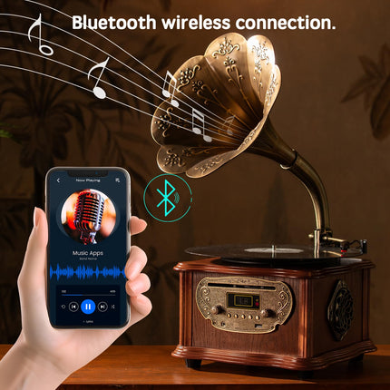 Must retro plaadimängija, Bluetoothiga plaadimängija, grammofoni ja CD taasesitus, FM-raadio, kaugjuhtimispult