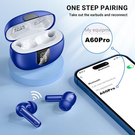 AOVOCE Bluetooth-kõrvaklapid, kõrvasisesed juhtmevabad Bluetooth 5.3 kõrvaklapid 42H sügava bassiga, spordikõrvaklapid 4 mikrofoniga, veekindlad kõrvaklapid ENC mürasummutusega, LED-ekraan, USB-C, sinine