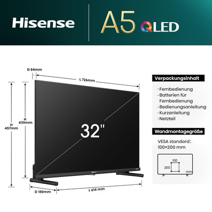 Hisense 32A5NQ 80 cm (32-tolline) QLED-teler Full HD, nutiteler, kolmekordne tuuner, tehisintellektiga spordirežiim, Dolby Atmos, teleriga jagamine, kahekordne positsioneerimine, WiFi, mängu- ja hotellirežiim, must [2024]
