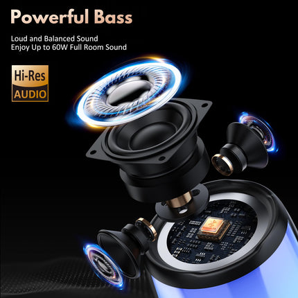 Tisco Portable Bluetooth Speaker with LED Light - Waterproof Music Box Bluetooth 5.3, Loud HD Stereo Sound, Powerful Bass, TF Card/USB/AUX Support, Suitable for Outdoor/Party/Travel