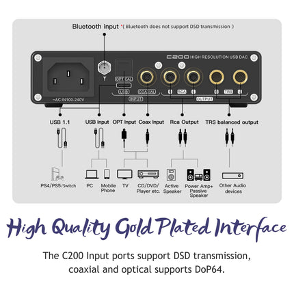 SMSL C200 USB DAC kõrvaklapivõimendi XMOS ES9038Q2M 4xOPA1612 USB/optiline/koaksiaalkaabel/Bluetooth sisendiga helidekooder TRS/RCA/4,4 mm tasakaalustatud/6,35 mm kõrvaklapipesa DSD512 32 bitti/768 kHz kõrvaklapivõimendi