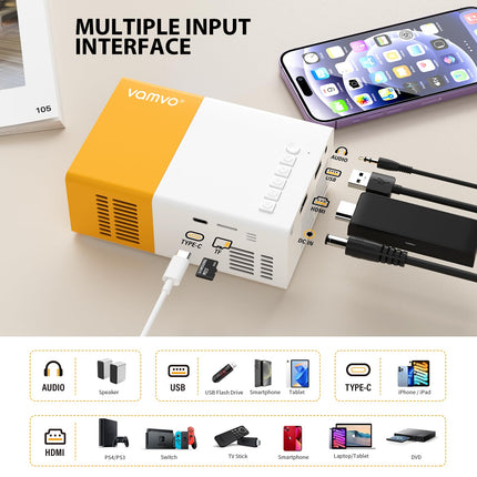 Vamvo miniprojektor YG300Pro, kaasaskantav LED-videoprojektor, ühildub nutitelefoni/PS4/Fire Stickiga, 1080p Full HD, Bluetooth 5.4 heli, kollane+valge, HDMI/USB/3,5 mm pesa