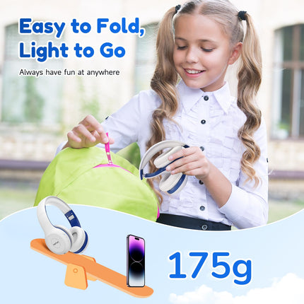 EarFun Bluetooth kõrvaklapid lastele, 85/94dB helitugevuse reguleerimine, HiFi heli, HD mikrofon, 40 tundi aku tööiga, kokkupandavad, reguleeritavad, juhtmevabad Bluetooth kõrvaklapid lastele kooli/reisimiseks/arvuti jaoks, valged