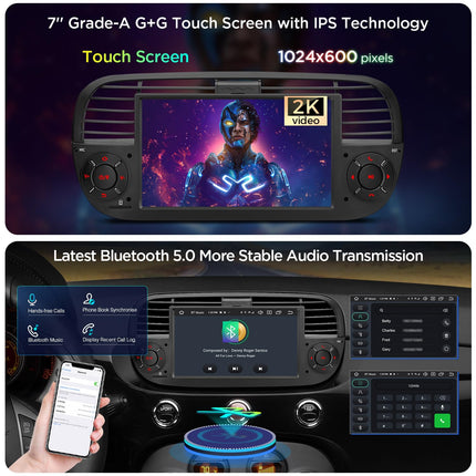 XTRONS 7-tolline IPS Android 14 autoraadio Octa Core 4GB 64GB multimeediapleier FIAT 500-le (2007-2015) Sisseehitatud 4G LTE automäng Android Auto AKM DSP GPS Bluetooth 5.0 WiFi Valikuline DAB OBD TPMS DVR