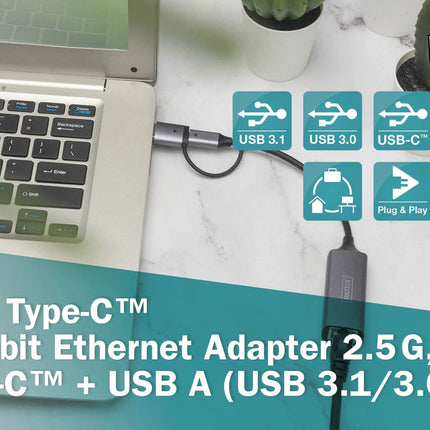 DIGITUS USB Network Adapter - 2.5 Gbit/s - RJ45 to USB 3.1 - incl. Type-A Adapter - Full-Duplex - Auto MDI-X - Gray