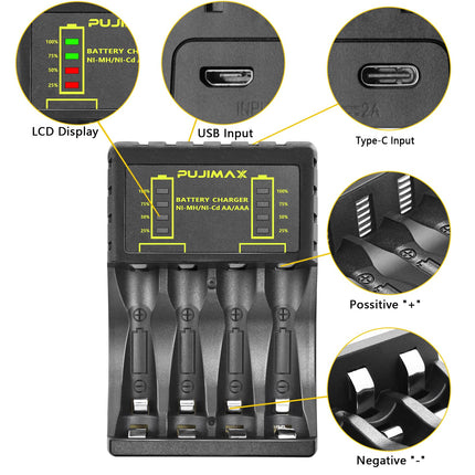 Rechargeable Batteries with Charger, 4 LEDs, 2600 mAh, 4 Pack, Universal Household Battery Chargers for AA-AAA Ni-MH Ni-CD Batteries, USB Fast Charging (4 Slot Charger + 4 x AA