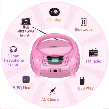 Kaasaskantav CD-mängija Boombox FM-raadio/Bluetoothi/USB/AUX-sisendiga | 3,5 mm mikrofoni- ja kõrvaklapipesa | 2x2W selge stereoheli (LP-D03P)