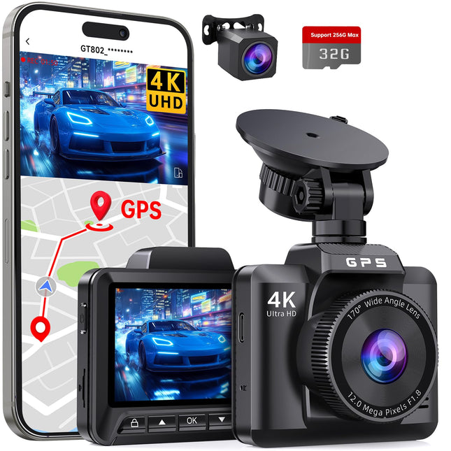 Auto armatuurlaud ees ja taga 4K+1080P, Auto armatuurlaud GPS WiFi-ga, Topelt autokaamera 32GB kaardiga, 170° lainurk, Super öine nägemine WDR, 24H parkimise jälgimine, G-andur, tsükkelsalvestus, rakenduse juhtimine, max 256GB