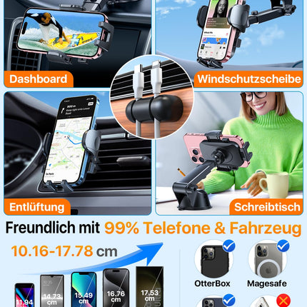 Sõjaväeklassi 4-ühes autotelefonihoidik tugeva iminapa ja klambriga, 360° pööratav, 40 kg imemisvõime, universaalne autohoidik iPhone 16 Pro Maxile, 15, 14, 13, Samsung Galaxy S24 jne., kahvatu must
