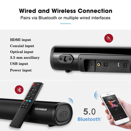 Mini Soundbar 60W Soundbar for TV Devices 3 EQ Modes Home Theater Bluetooth 5.0 with Remote Control/HDMI/Optical/RCA/AUX/USB 3D Surround Stereo Soundbars for 4K TV 2-in-1 Detachable (50cm)