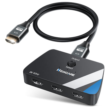 NEWCARE 4K@120Hz HDMI-lüliti koos 2,6 jala pikkuse HDMI 2.1 kaabliga, 8K@60Hz HDMI-lüliti 3 sisendit ja 1 väljundit, HDMI-jaotur 3 sisendit ja 1 väljundit, toetab HDR-i ruumilist heli 3D-vormingus NS PS4/PS5 Xbox Roku Fire Stickile