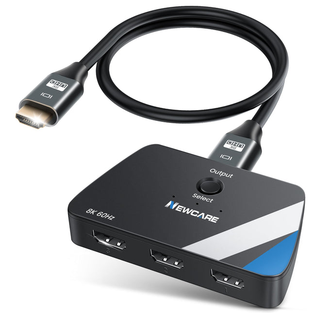 NEWCARE 4K@120Hz HDMI-lüliti koos 2,6 jala pikkuse HDMI 2.1 kaabliga, 8K@60Hz HDMI-lüliti 3 sisendit ja 1 väljundit, HDMI-jaotur 3 sisendit ja 1 väljundit, toetab HDR-i ruumilist heli 3D-vormingus NS PS4/PS5 Xbox Roku Fire Stickile