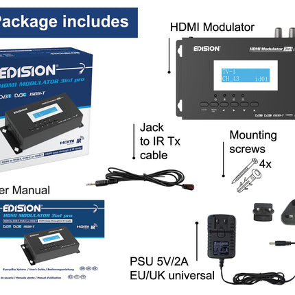EDISION HDMI modulaator 3in1 pro, modulaator DVB-C, maapealse DVB-T või ISDB-T kaabeltelevisiooni jaoks, Full HD jaotus koaksiaalkaabli kaudu, RF IN, LCD-ekraan, kiire seadistamine, plug &amp; play