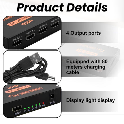MxyVrix HDMI jaotur 1 sisend 4 väljund HDMI jaotur 4K 3D 1080P duplikaat/peegel monitorile, PS3/4-le, X-Boxile, HDTV-le, DVD-mängijale, projektorile, kvaliteetsele video- ja heliedastusele