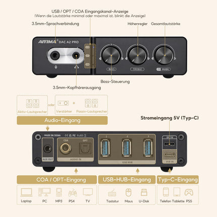 AIYIMA DACA2 PRO mängude DAC kõrvaklappide võimendi jaotur USB mini stereo Hi-Fi dekooder optiline/koaksiaalne RCA/3,5 mm AUX-ile PS5 lauaarvuti mängimiseks