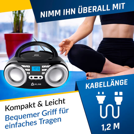 KLIM B3 kaasaskantav CD-mängija Bluetooth Boombox FM-raadio, Bluetoothi, USB ja AUX-iga - kvaliteetsed topeltkõlarid, ekvalaiseriga heliefektid, 20 eelsalvestatud jaama, kompaktne ja kerge | Kaasaskantav CD-mängija