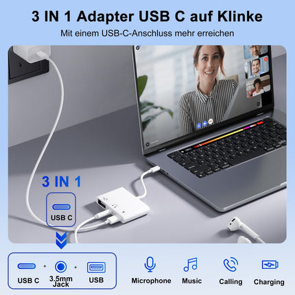 【3 ühes】USB C - 3,5 mm pistikupesa kõrvaklappide adapter laadijaga OTG USB-adapter, C-tüüpi Aux Audio kõrvaklappide pesa jaotur Samsung Galaxy S22/S21/S20 iPad Pro Air Pixel 6/5/4 (valge)
