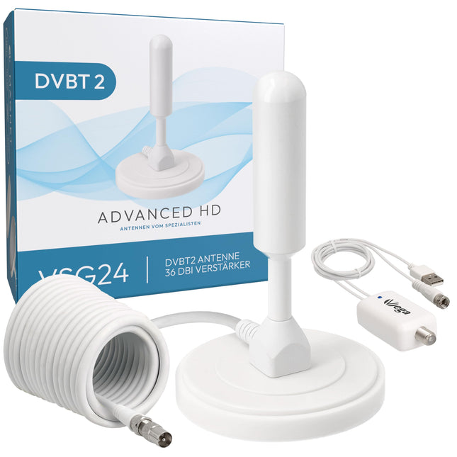 VSG24 DVBT2 antenna with amplifier 36Dbi+ HDTV indoor antenna for television, maximum signal quality thanks to aluminum core, 5m cable DVB-T2 antenna television freenet tv indoor outdoor
