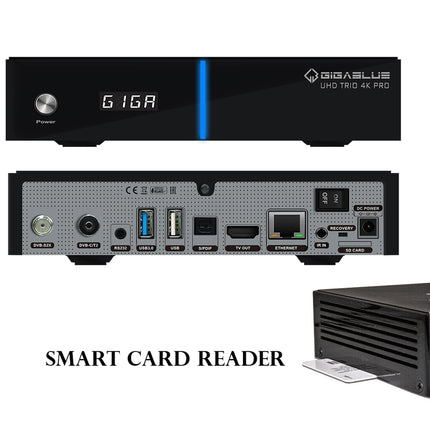 GigaBlue UHD Trio 4K PRO - 1xDVB-S2X MS + 1xDVB-C/T2 kombineeritud vastuvõtja satelliit-, kaabel-/T2 signaalide jaoks, E2 Linux TV nutiteleri karp, meedia taasesitus, PVR-funktsioon, 1200Mbps WiFi, HTS e-com HDMI-kaabel