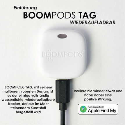 Boompods Boomtag Rechargeable Key Finder - Ocean Plastic Bluetooth Tracker Compatible with Apple Find My App, Waterproof Key Finder, Mini Tracking Device for Keys, Bags, White