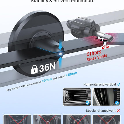 YOSH Mag-Safe autokinnitus, mobiiltelefonihoidik N52 magnetiga, ülistabiilne ventilatsiooniga autokinnitus, magnetiline telefonihoidik ainult autosse iPhone 16-12 seeriale, ilma metallplaadita, hõbedane