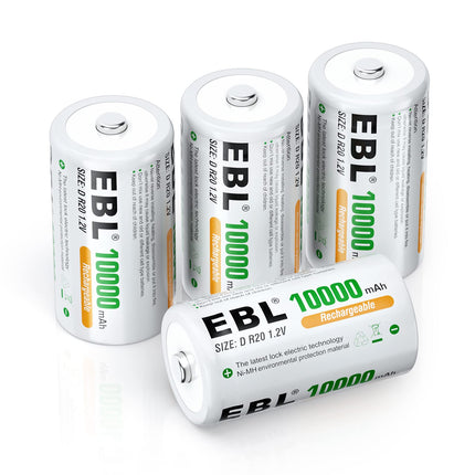 EBL D aku 10000mAh, laetav D-tüüpi NI-MH aku, 4 tk koos hoiukarbiga, mono-D aku
