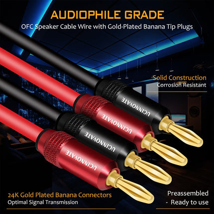 Audiophile white speaker cable with banana plugs, 2x 1.5m / 4.9FT OFC HiFi speaker cable with gold-plated banana plugs, 14 AWG audio cable for speaker terminal, home theater, subwoofer