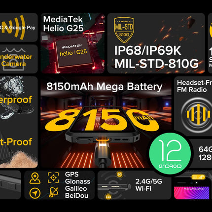 Ulefone Armor X11 PRO Android 12 Outdoor Smartphone Without Contract, 8150mAh Battery, 16MP Underwater Camera, Helio G25 4GB+64GB, 5.45" IP68 Waterproof Mobile Phone, 3-Card Slot, Face Unlock NFC GPS