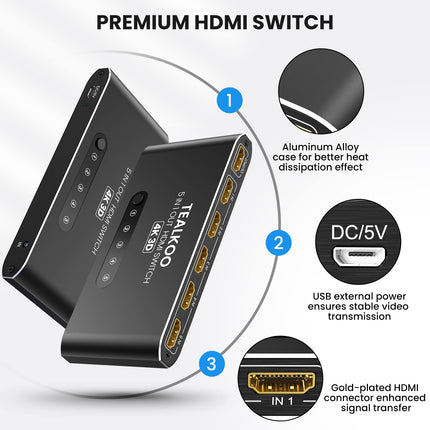 HDMI jaotur 5 sisendit ja 1 väljundit - 4K alumiiniumlüliti, automaatne, puldiga - lüliti toetab 4K 3D HDR-i PS4, Xboxi, TV Sticki ja Blu-Ray-mängija jaoks