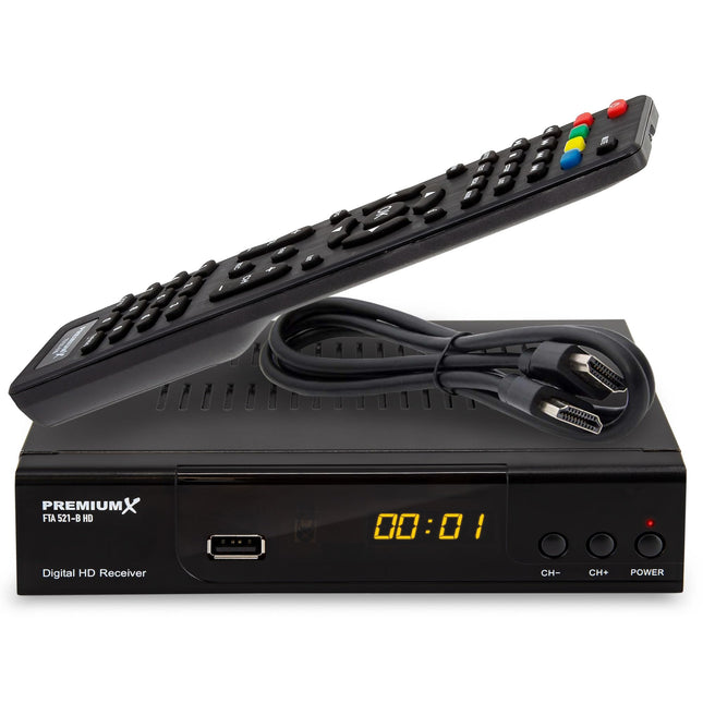 PremiumX satelliitvastuvõtja HD 521 B FTA digitaalne SAT-TV vastuvõtja DVB-S2 FullHD HDMI SCART 2X USB multimeediamängija, 12V väline toiteallikas