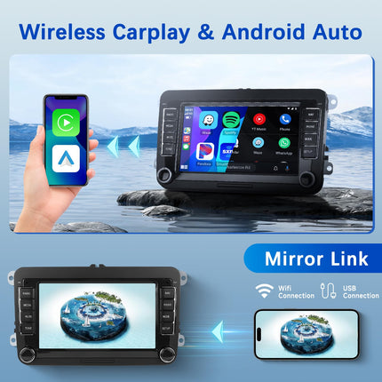 Podofo Android 13 autoraadio VW Passatile, Polo'le, Seat Skodale, Tiguanile, juhtmevaba Carplay Android Auto, 7-tolline puuteekraan 4G+64G koos Bluetoothi/peegliühenduse/FM/RDS/WiFi/GPS-navigatsiooni/hääljuhtimise + tahavaatekaameraga