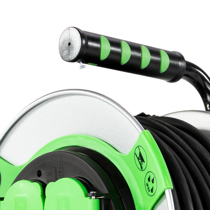 REV EX cable reel, 25m, H05RR, IP44, 3000W, with sliding contact, outdoor cable reel, 4 sockets, green
