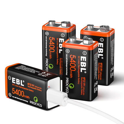 EBL 9V Rechargeable Batteries - USB Rechargeable Batteries 1.5V 5400 mWh, Micro Charging Cable - Fast Charge in 2 Hours (4-Pack)