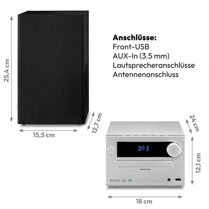 MEDION E64482 mikroaudiosüsteem, kompaktne süsteem (DAB+, CD-mängija, PLL FM-raadio, Bluetooth, MP3-mängija, AUX, kõrvaklapipesa, USB, unetaimer, hämardatav ekraan) hõbedane