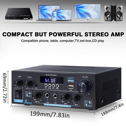AK55 HiFi võimendi stereovõimendi Bluetooth 5.0 võimsusvõimendi 2 kanaliga võimendi 70W x 2 helivõimendi vastuvõtja digitaalne võimendi võimsusvõimendi USB, SD, RCA-ga koju või autosse