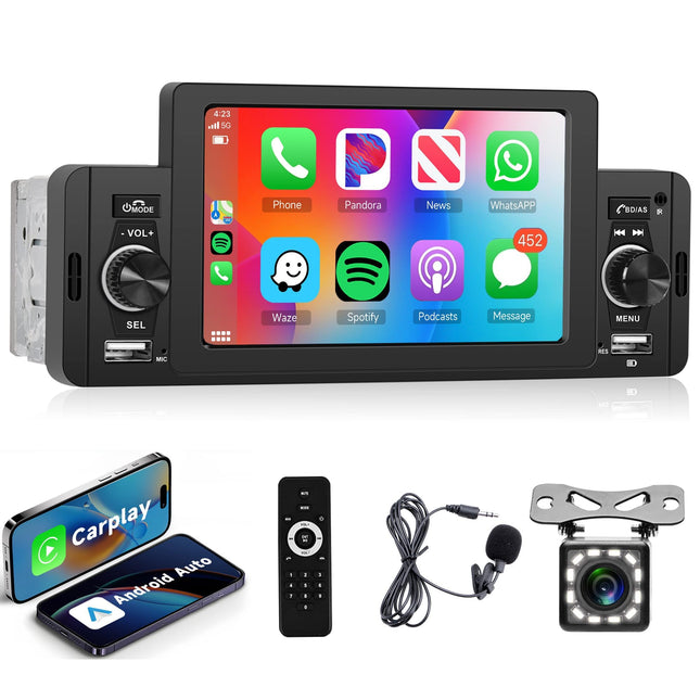 Carplay Car Radio 1 Din with Android Auto Bluetooth Handsfree 5 Inch with Android/IOS Mirror Link Bluetooth FM Radio USB/AUX/TF Multimedia Player with Rear View Camera Microphone
