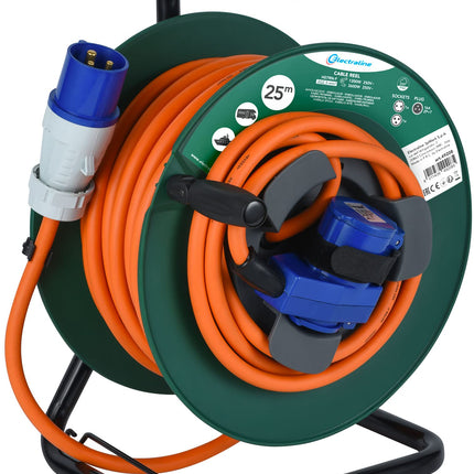 Electraline 49208 Cable reel Industrial Camping H07RN-F 3G2.5 25M cable - IP44 outdoor/Cable reel with rubber extension, with 2 sockets (Schuko + Industrial CEE), Green