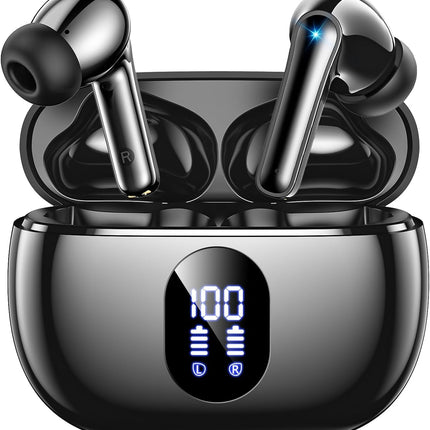 ZZU Bluetooth kõrvaklapid, kõrvasisesed kõrvaklapid, juhtmevabad Bluetooth 5.3 koos HiFi stereoga, 4 ENC mürasummutava mikrofoniga, 48-tunnise mänguajaga, LED-ekraaniga, IPX7 kõrvaklapid tehisintellektiga iPhone'i, Androidi, töö ja õppimise jaoks