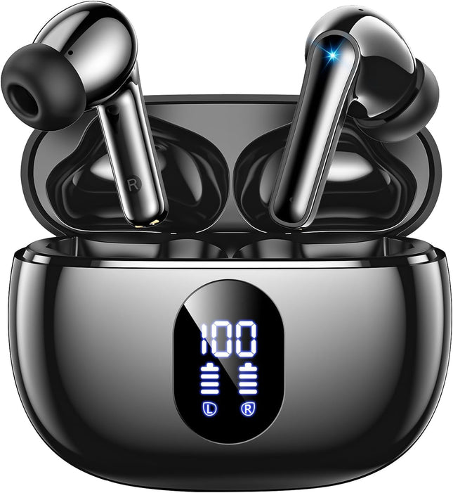 ZZU Bluetooth kõrvaklapid, kõrvasisesed kõrvaklapid, juhtmevabad Bluetooth 5.3 koos HiFi stereoga, 4 ENC mürasummutava mikrofoniga, 48-tunnise mänguajaga, LED-ekraaniga, IPX7 kõrvaklapid tehisintellektiga iPhone'i, Androidi, töö ja õppimise jaoks