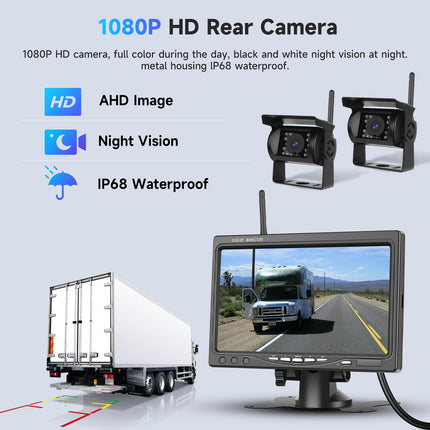1080P HD juhtmevaba tagurduskaamera komplekt, 7-tolline LCD-ekraan kahe tahavaatekaameraga haagise, matkaauto, veoauto, auto, bussi ja isetegemise juhtjoonte jaoks, IP68 veekindel, öise nägemisega, BSD, 12V-36V