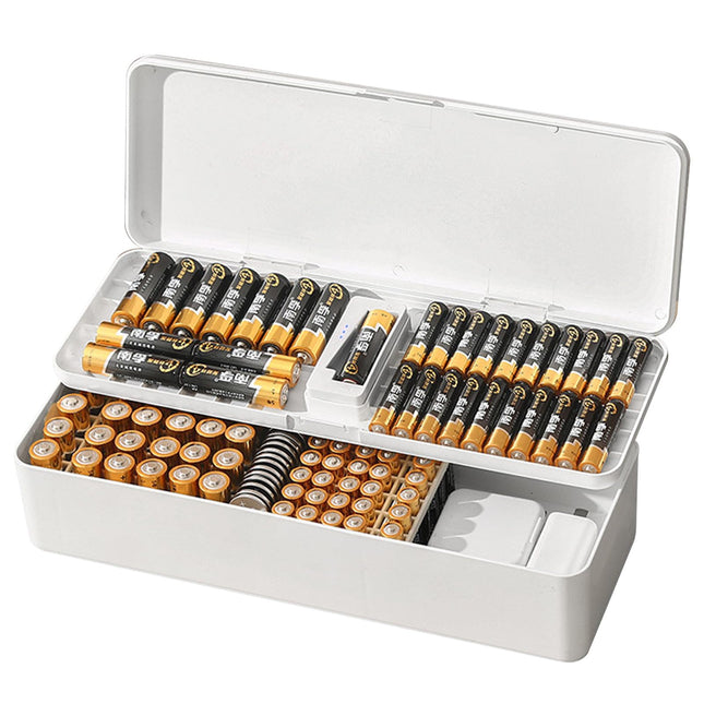 Battery organizer with built-in tester, can hold 115 batteries (AA, AAA and button cell batteries) to ensure reliable organization (batteries not included)