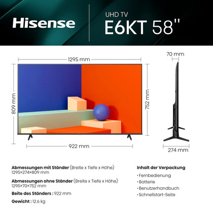 Hisense 58E6KT 146 cm (58 tolli), 4K UHD, nutiteler, HDR, Dolby Vision, kolmekordne tuuner, Bluetooth, WiFi, sisseehitatud Alexa, DTS Virtual X, hotellirežiim, must [2023]