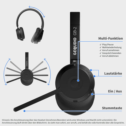 GEQUDIO GB-2 Bluetooth-peakomplekt mikrofoniga | Juhtmevabad kõrvaklapid | Passiivne mürasummutus | Ühenda 2 seadet samaaegselt (mobiiltelefon, arvuti, sülearvuti) | Juhtmevabad peakomplektid | 500 tundi ooterežiimis (ilma USB-adapterita)