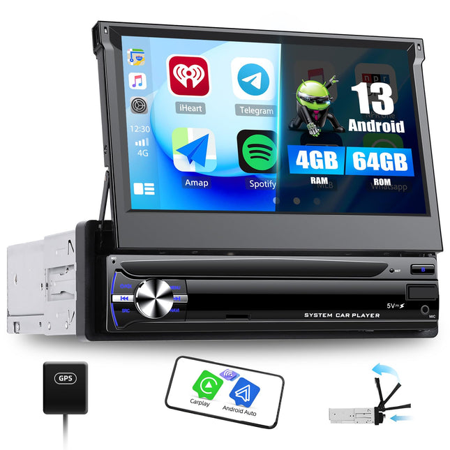 [4+64GB] SIXWIN 1 DIN Android 13 navigatsiooniga autoraadio juhtmevaba Carplayga, 7-tolline ekraan, Bluetooth-raadio, pikendatav manuaalne süsteem, Android Auto Mirror Link, vabakäesüsteem, WiFi, GPS, FM/RDS ekvalaiser
